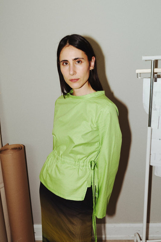 Puff and Pencil Tie Waist Blouse, Cone Sleeve & Standing Collar